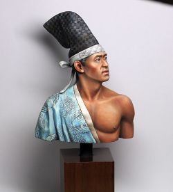 Bust of a Japanese man wearing an eboshi hat.