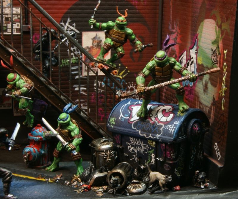 “Turtle POWER!” The Teenage Mutant Ninja Turtles fight the Foot.